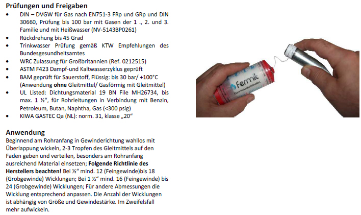 fermit gewindedichtfaden Verarbeitung information